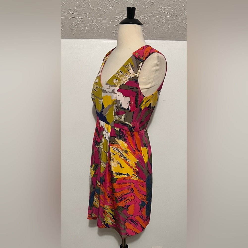 Tibi New York Silk Abstract Print Mini Dress Button Shoulder - Picture 2 of 11